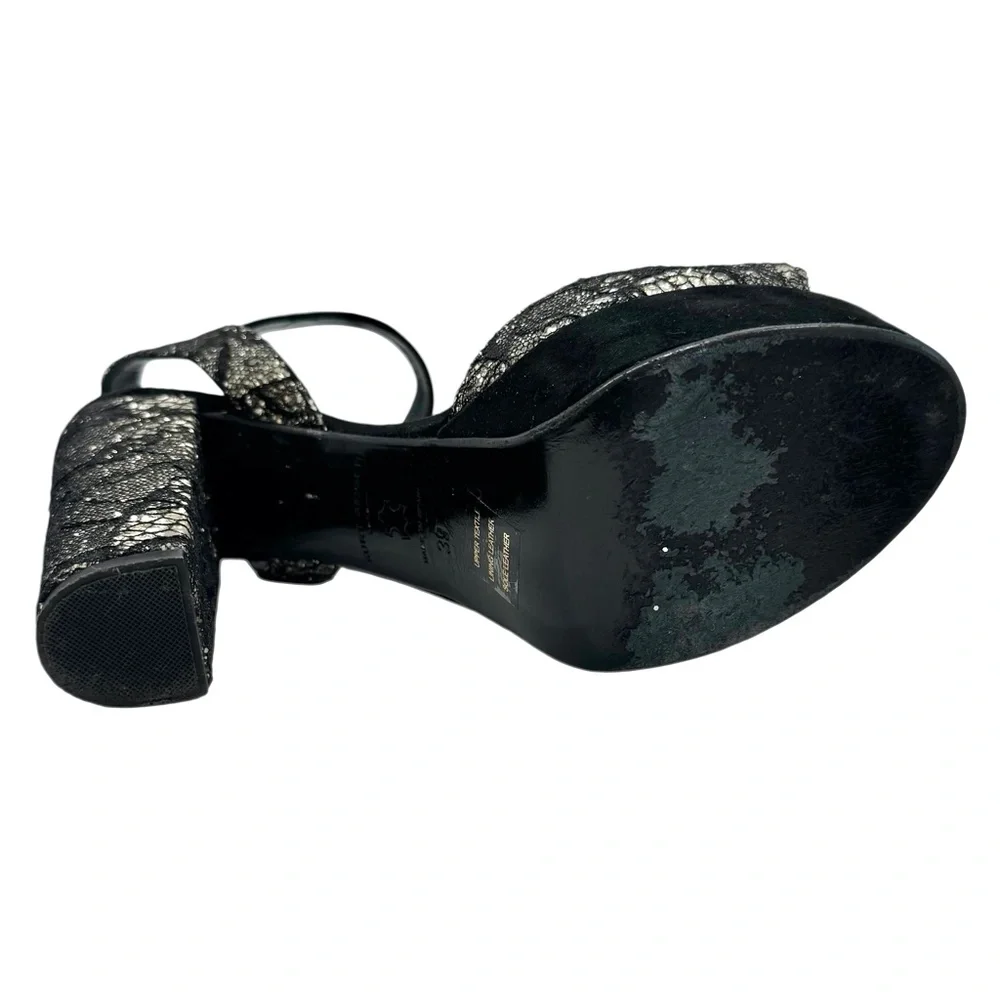 KURT GEIGER BLACK LACE OVER SILVER GLITTER PLATFORM HEELED SANDALS